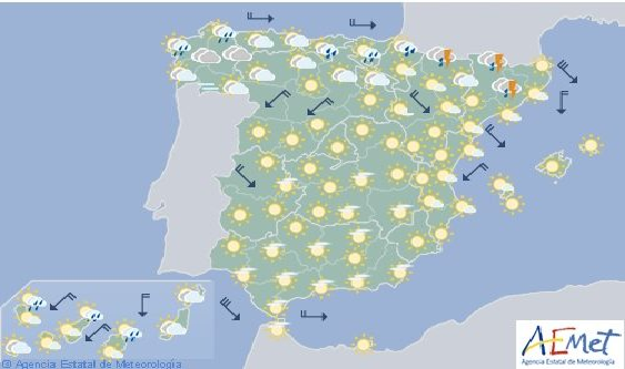 Hoy en España, precipitaciones débiles en los Pirineos e intervalos de viento fuerte en Canarias