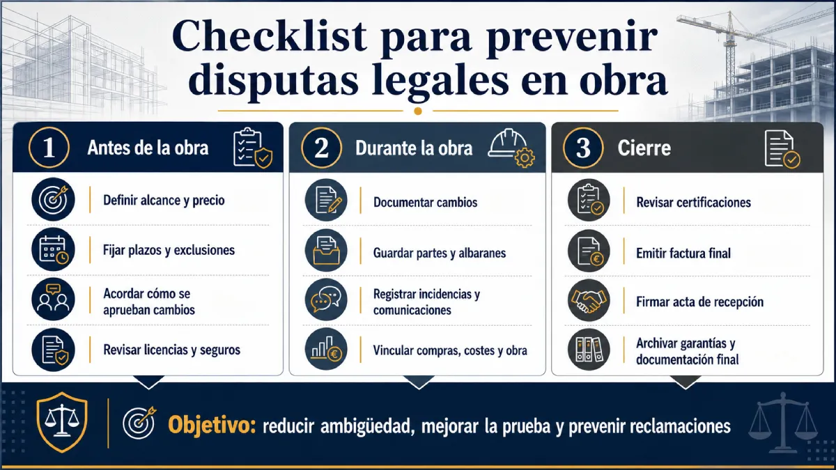 cheak para prevenir disputas legales en obra infografía