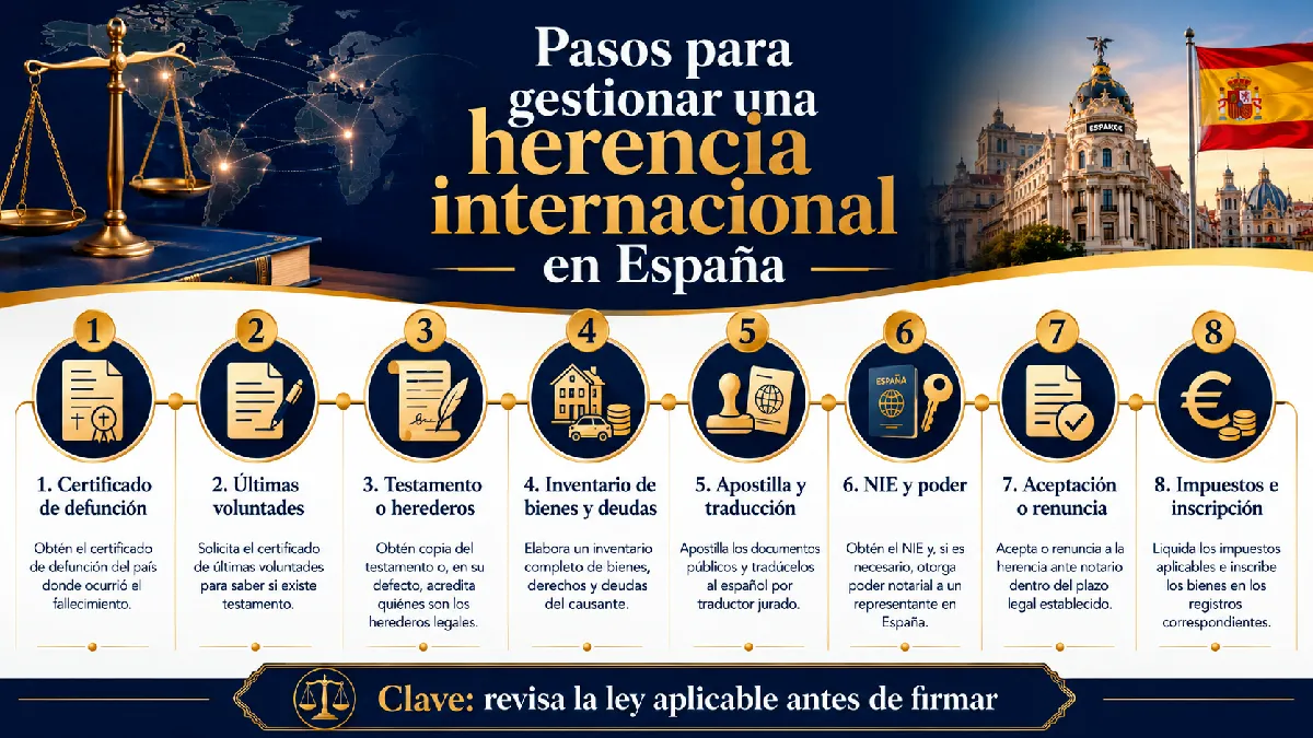pasos para gestionar una herencia internacional en España, infografía