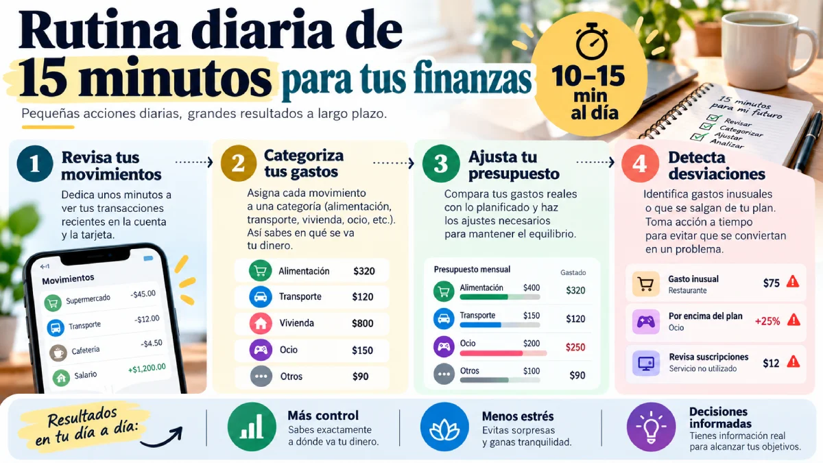 rutina diaria de 15 minutos para tus finanzas infografía