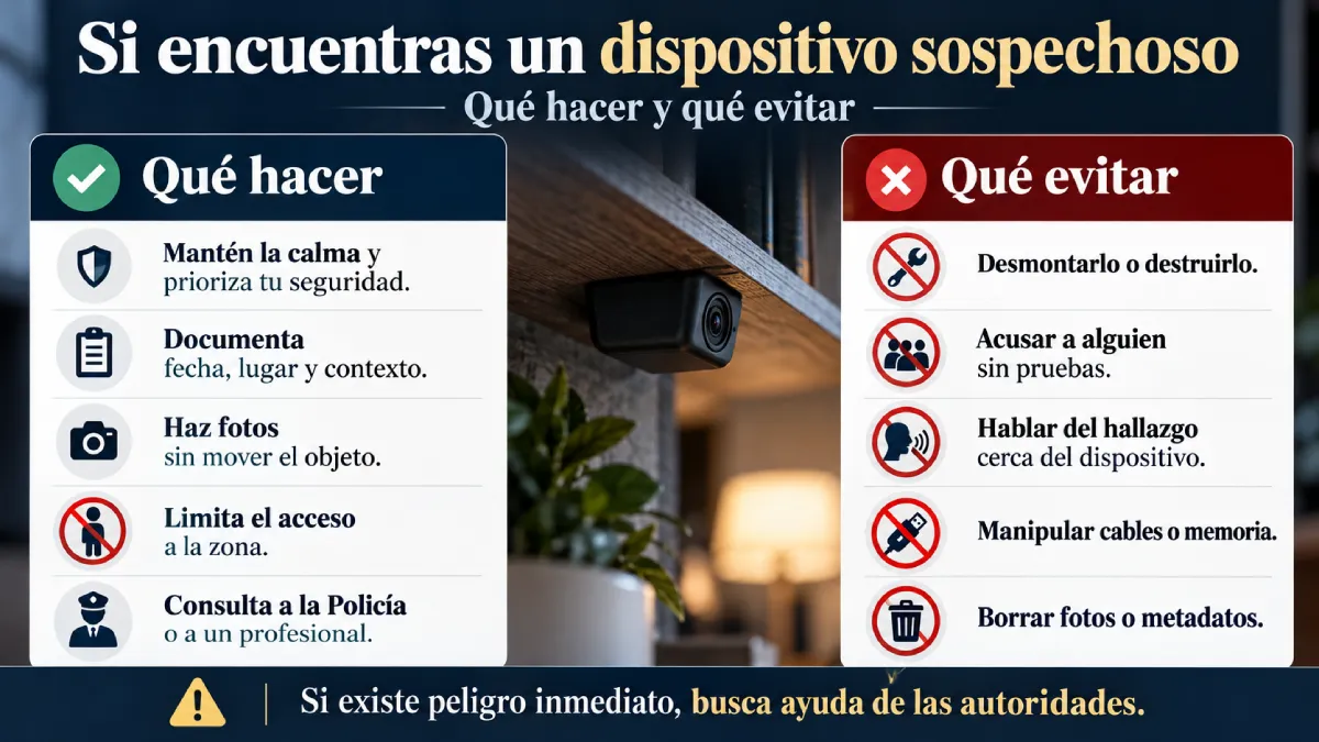 si encuentras un dispositivo sospechoso, qué hacer y qué e vitar infografía